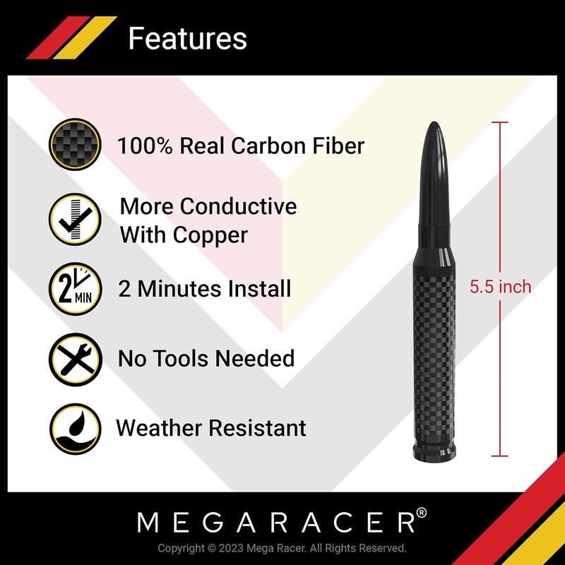 Mega Racer 50 Cal Bullet Antenna - Black Carbon Fiber 5.5 Inch AM/FM Compatible Universal Fit for Truck, Solid Aluminum with Anti-Theft Design and Car Wash Safe - Image 2